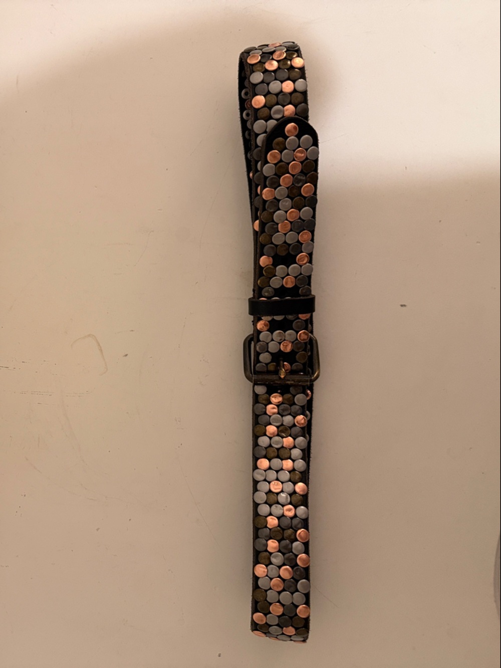 Sundance Black Leather Belt with Copper and Silver Stud Accents